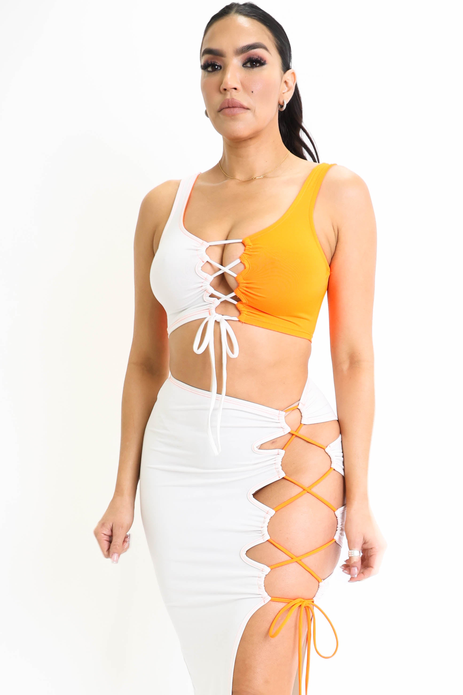 Lace up Top & Matching Maxi Skirt 2 Piece Outfit Set