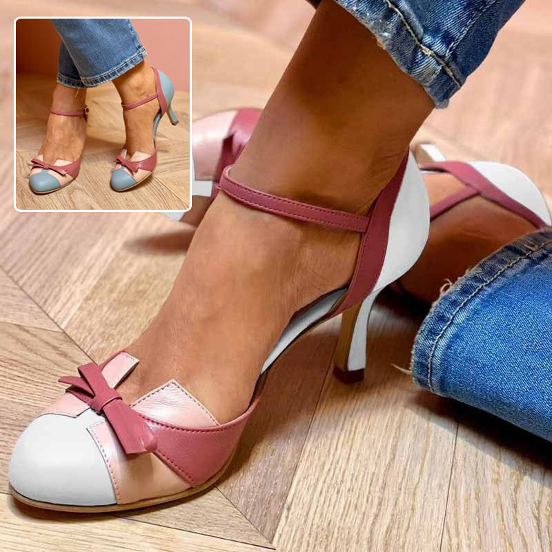 Ins Bow Sandals Summer Color-matching Pointed Toe Buckle High Heels